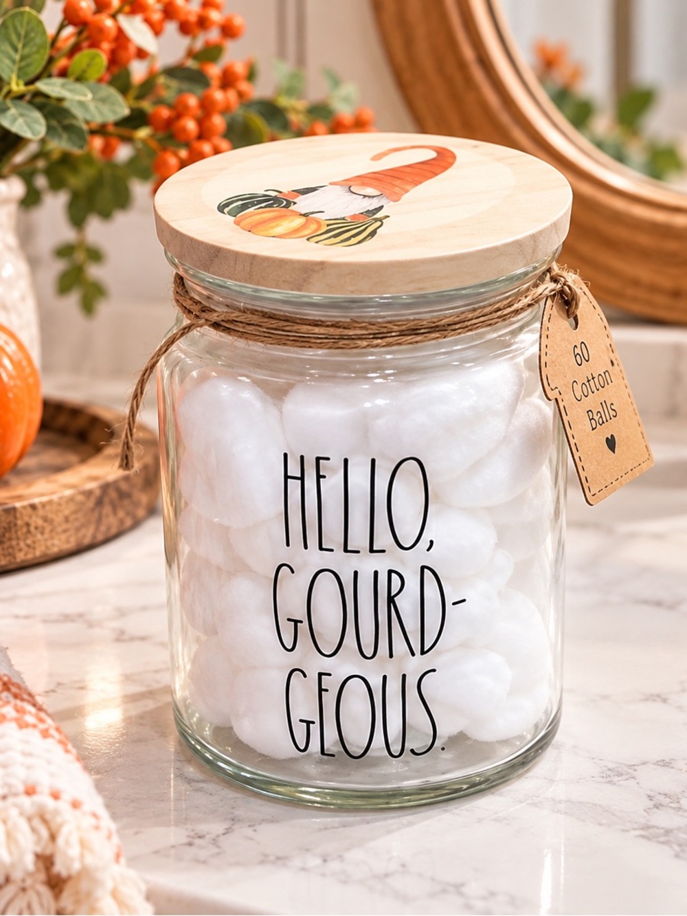 NEW Rae Dunn ‘HELLO GOURD-GIOUS’ Glass Vanity Jar - Contains 60 Cotton Balls